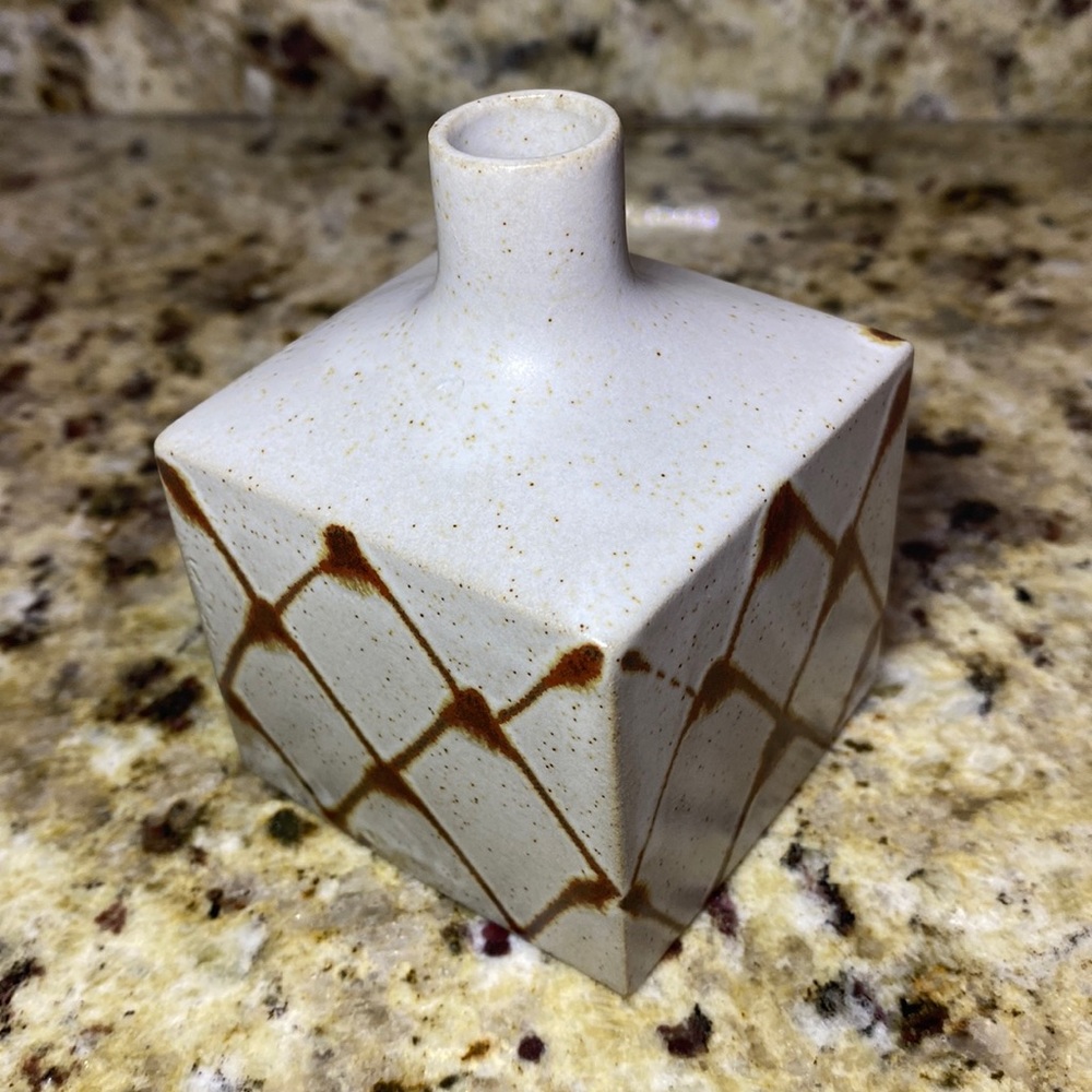 Vintage square handmade ceramic bud vase by Otagiri, Japan